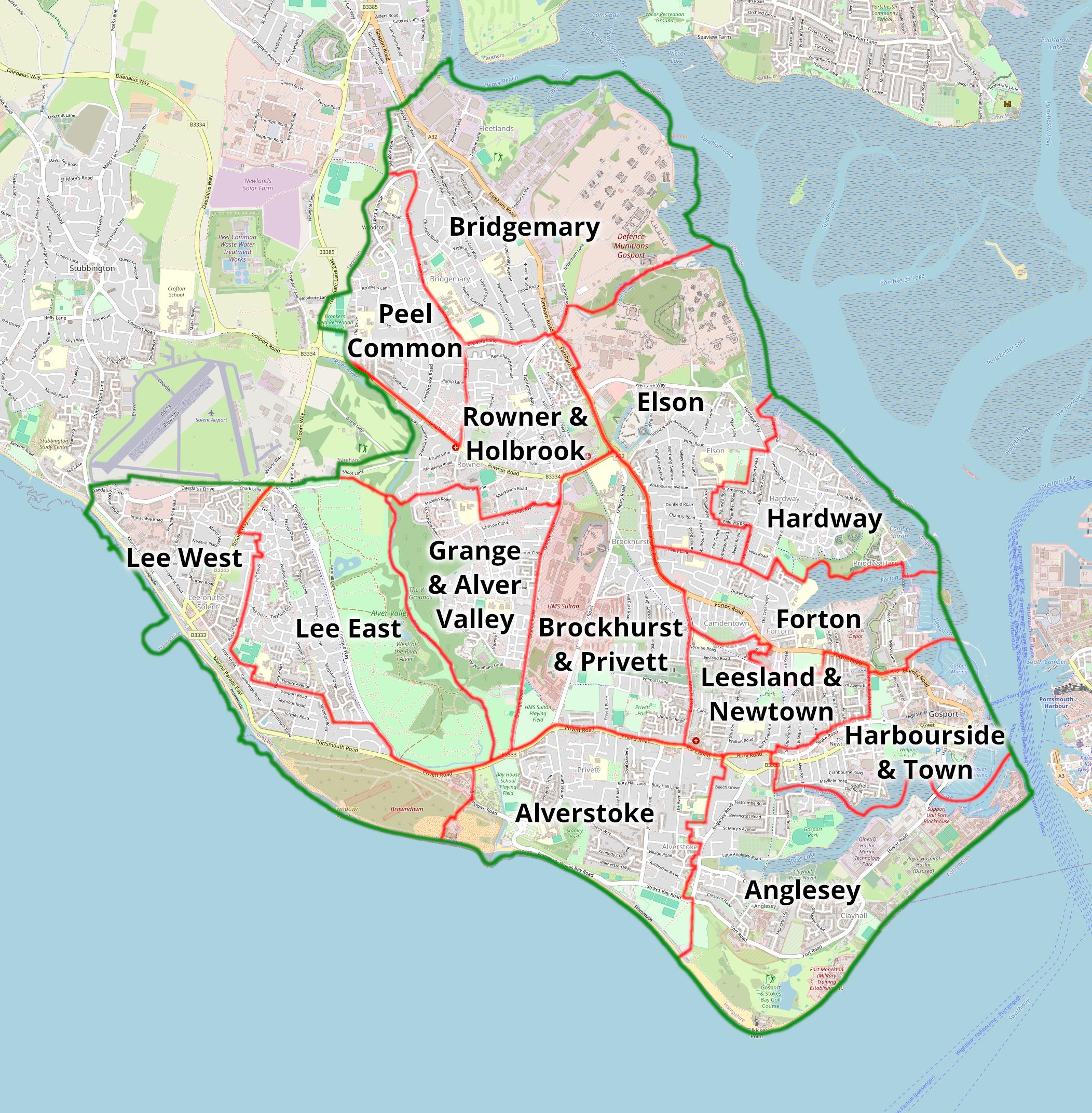 A map of Gosport showing ward boundaries